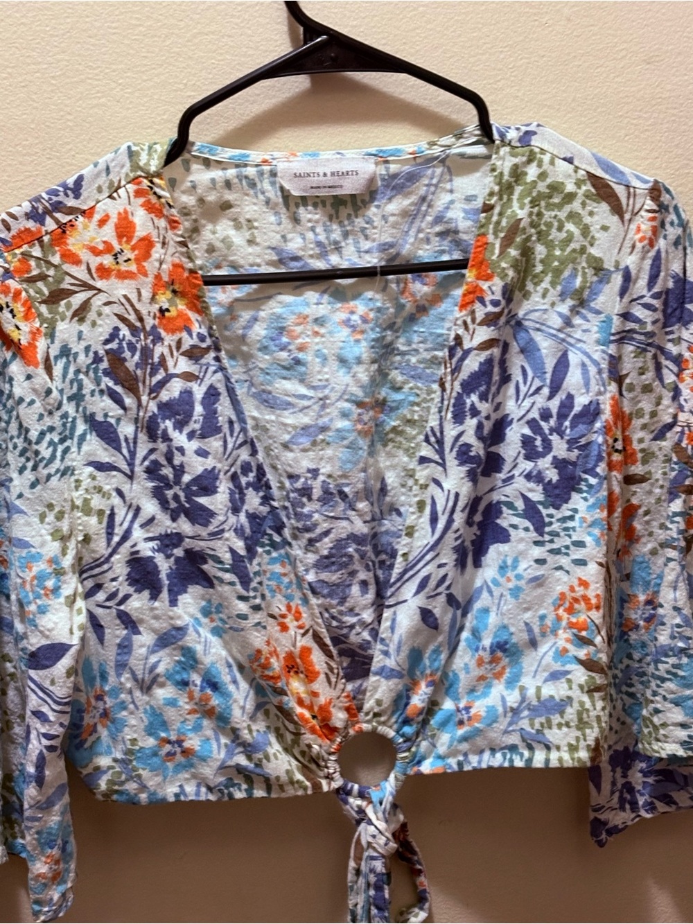 Saints & Hearts Floral Tie-Front Crop Top - Blue/Green/Orange